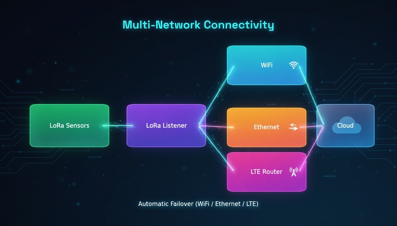 Kitchen Toolkit connectivity architecture showing the hub using Wi-Fi, Ethernet, or LTE with secure outbound-only internet access.