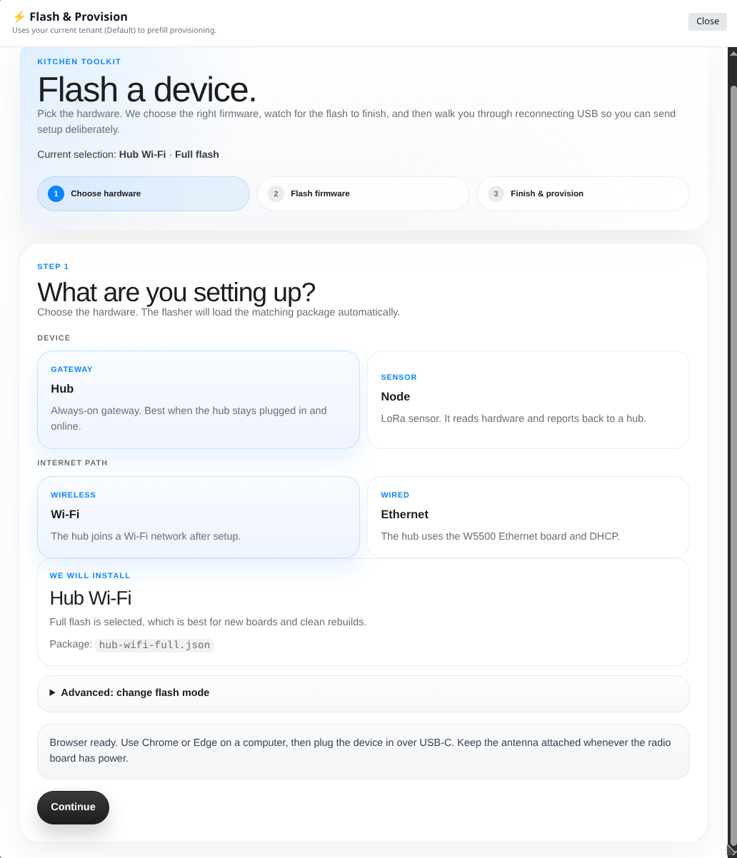 Guided flasher step-by-step setup screen