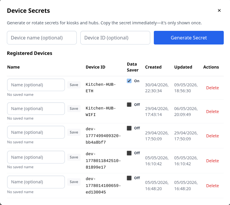 Provisioning and device secret management in admin