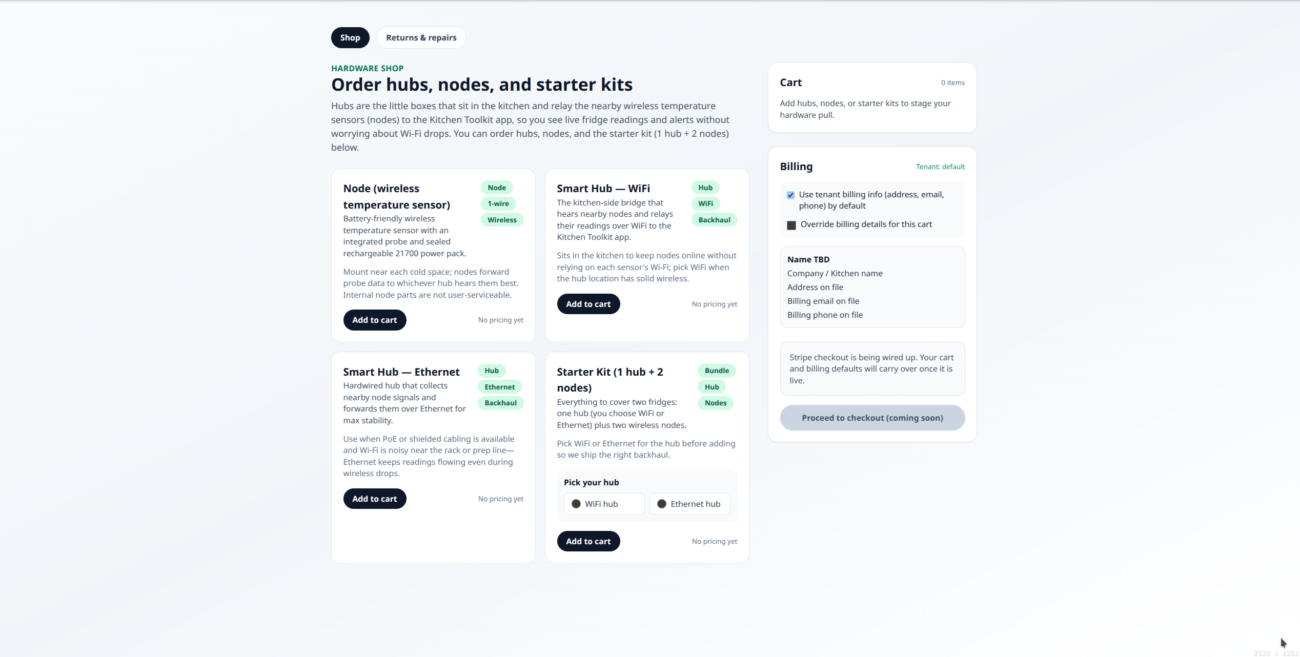 Hardware shop with hubs, nodes, and starter kits